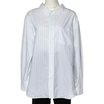 Pre Owned Balenciaga White Striped Cotton Wide Open Collar Detail Oversized Shirt S