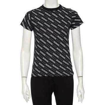Pre Owned Balenciaga Black Cotton Diagonal Monogram Crewneck T-shirt XS