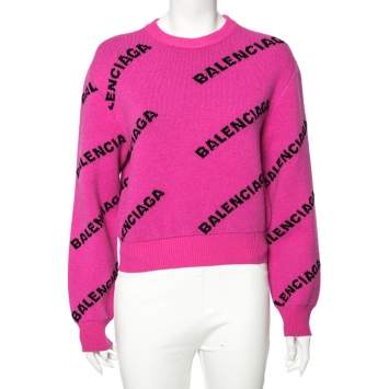 Pre Owned Balenciaga Pink Allover Logo Wool Crew Neck Sweater S