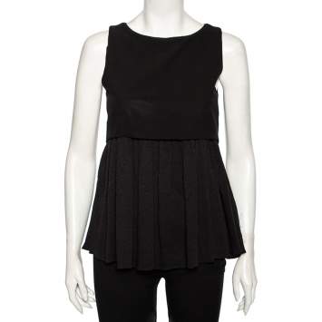Pre Owned Balenciaga Black Textured Silk Contrast Overlay Detailed Sleeveless Mini Dress M