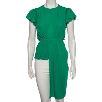 Pre Owned Balenciaga Green Silk Pleated Asymmetrical Blouse S