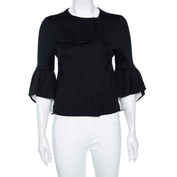 Pre Owned Balenciaga Black Wool Pleated Sleeve Detailed Cardigan M