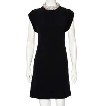 Pre Owned Balenciaga Black Crepe Embellished Neck Detail Short Dress S
