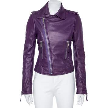 Pre Owned Balenciaga Purple Leather Cropped Biker Jacket M