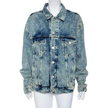 Pre Owned Balenciaga Blue Wrinkled Effect Denim Logo Print Oversized Jacket M