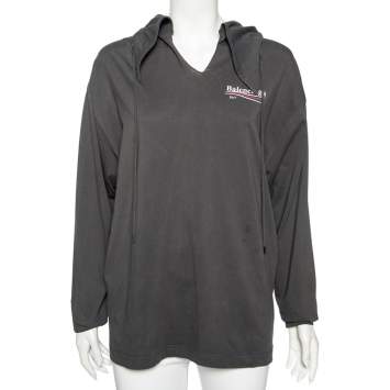 Pre Owned Balenciaga Grey Cotton Logo Printed Oversized Hoodie S