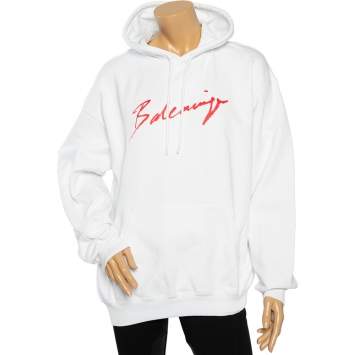 Pre Owned Balenciaga White Lipstick Logo Print Cotton Gathered Back Detail Oversized Hoodie S