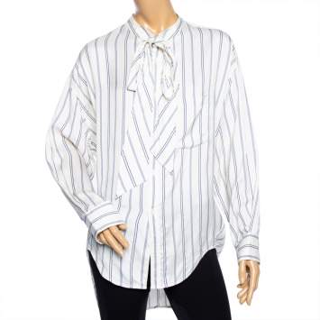 Pre Owned Balenciaga Off-White Striped Silk Logo Printed Oversized Shirt XS