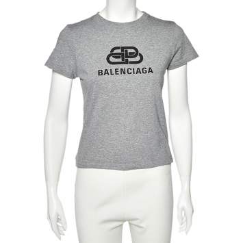 Pre Owned Balenciaga Grey Logo Printed Cotton Short Sleeve T-Shirt S