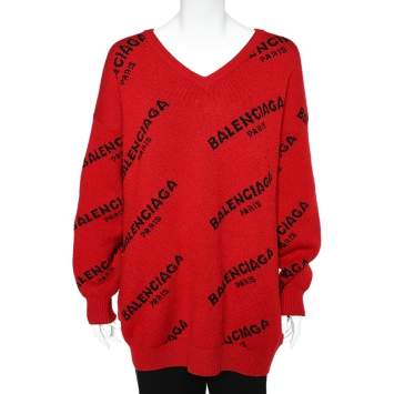 Pre Owned Balenciaga Red Logo Jacquard Wool V-neck Oversized Jumper M
