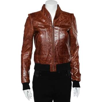 Pre Owned Balenciaga Brown Leather Zip Front Jacket S