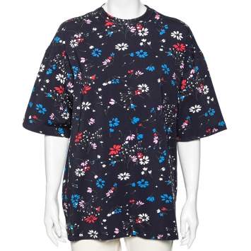 Pre Owned Balenciaga Navy Blue Floral Printed Cotton Oversized Short Sleeve T-Shirt M