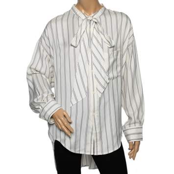 Pre Owned Balenciaga White & Blue Striped Silk Logo Printed Oversized Shirt M