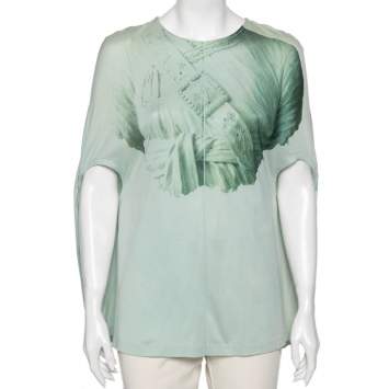 Pre Owned Balenciaga Green Leaf Printed Cotton Drop Armhole T-shirt S