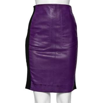 Pre Owned Balenciaga Purple Lambskin Leather Rib Knit Trimmed Skirt M