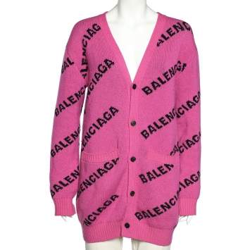 Pre Owned Balenciaga Pink Logo Intarsia Knit Long Cardigan S