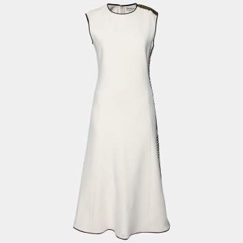 Pre Owned Balenciaga Cream Crepe Contrast Trimmed Button Detail Midi Dress M