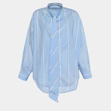 Pre Owned Balenciaga Blue Striped Cotton Oversized Shirt M