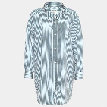 Pre Owned Balenciaga Blue Striped Cotton Logo Printed Oversized Shirt M