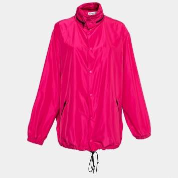 Pre Owned Balenciaga Pink Logo Printed Synthetic Oversized Hooded Windbreaker Jacket S