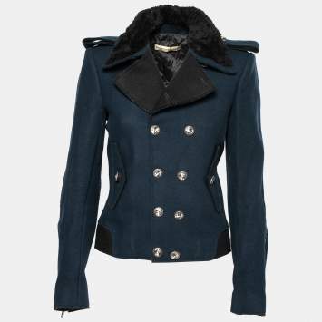 Pre Owned Balenciaga Navy Blue Wool Shearling Trimmed Double Breasted Jacket M