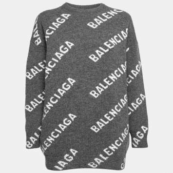 Pre Owned Balenciaga Grey Logo Intarsia Knit Wool Round Neck Jumper XS