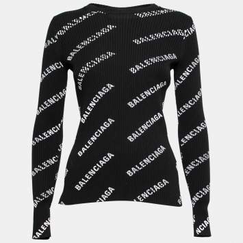 Pre Owned Balenciaga Black Knit Logo Crew Neck Sweater S