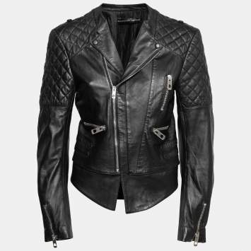 Pre Owned Balenciaga Black Leather Quilted Detail Zip Front Biker Jacket L