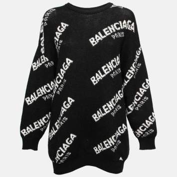 Pre Owned Balenciaga Black Wool Blend Allover Logo Crew Neck Sweater S