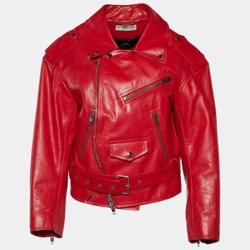 Pre Owned Balenciaga Red Leather Swing Oversized Biker Jacket L