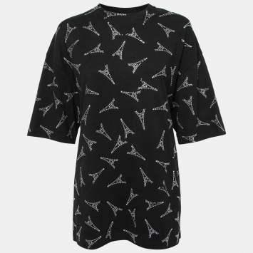 Pre Owned Balenciaga Black Cotton Eiffel Tower Embellished Crewneck T-Shirt L