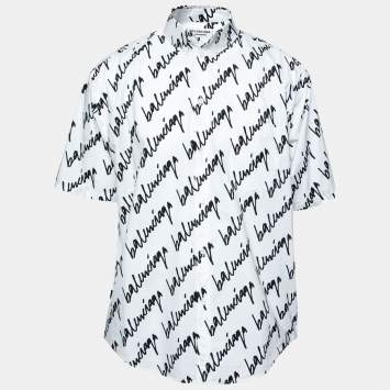 Pre Owned Balenciaga White & Black Signature Logo Print Cotton Oversized Shirt S