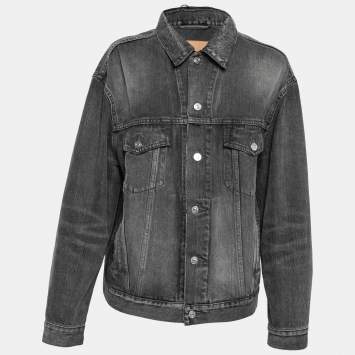 Pre Owned Balenciaga Grey Distressed Denim Logo Print Oversized Jacket S