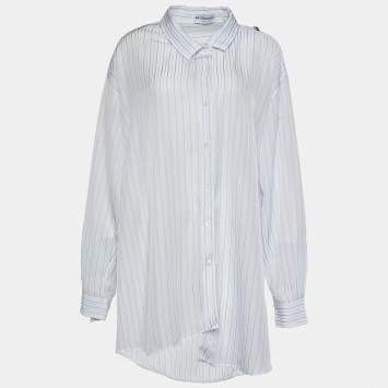Pre Owned Balenciaga White Striped Crepe Asymmetric Pulled Shirt L