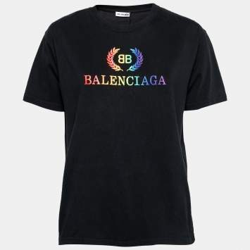 Pre Owned Balenciaga Black Cotton Rainbow Embroidered Logo T-Shirt XL