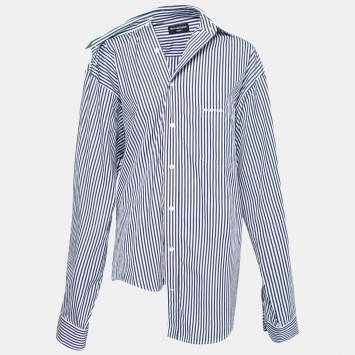 Pre Owned Balenciaga Blue Striped Cotton Poplin Asymmetric Shirt XS