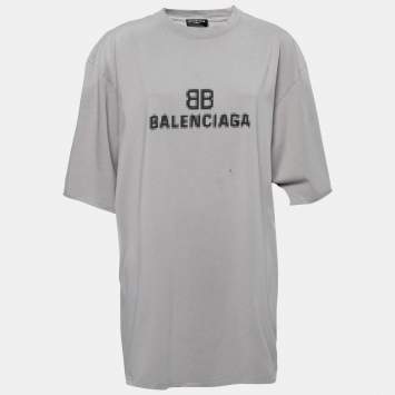 Pre Owned Balenciaga Grey Logo Printed Distressed Cotton Oversized T-Shirt XS