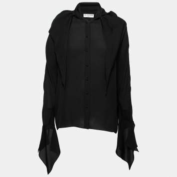 Pre Owned Balenciaga Black Silk Crepe Neck Tie Detail Long Sleeve Blouse M