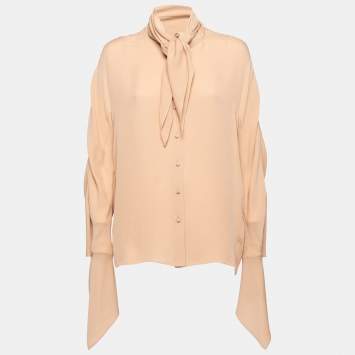 Pre Owned Balenciaga Beige Silk Crepe Neck Tie Detail Button Front Blouse M