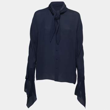 Pre Owned Balenciaga Dark Blue Silk Front-Tie Handkerchief Sleeve Top M