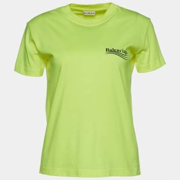 Pre Owned Balenciaga Neon Yellow Political Campaign Logo Print Cotton T-Shirt S