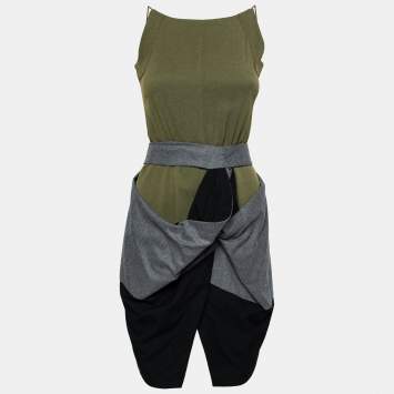 Pre Owned Balenciaga Green Crepe Draped Asymmetrical Dress S   