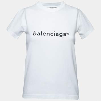 Pre Owned Balenciaga White Logo Print Cotton Crewneck T-Shirt XS