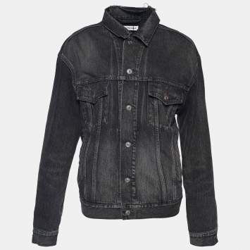 Pre Owned Balenciaga Grey Logo Print Denim Distressed Collar Detail Jacket S