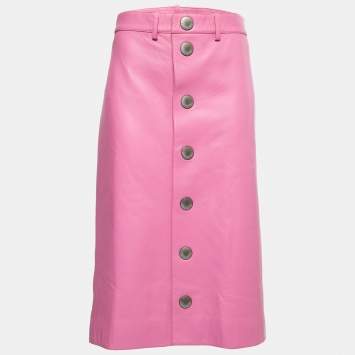 Pre Owned Balenciaga Baby Pink Leather Buttoned Midi Skirt M  