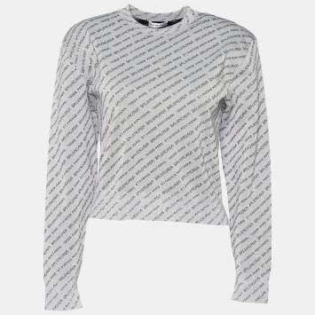 Pre Owned Balenciaga Silver All Over Logo Lurex Knit Crewneck Sweater M