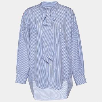 Pre Owned Balenciaga Blue Striped Cotton Neck Tie Detail Oversized Shirt S