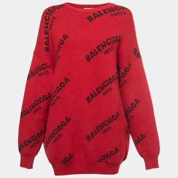 Pre Owned Balenciaga Red Logo Intarsia Knit Wool Oversize Jumper S