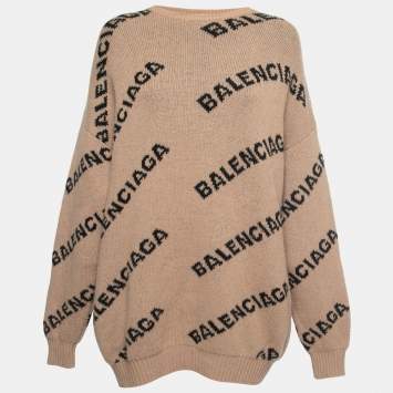 Pre Owned Balenciaga Beige Logo Intarsia Wool Knit Oversized Sweater M