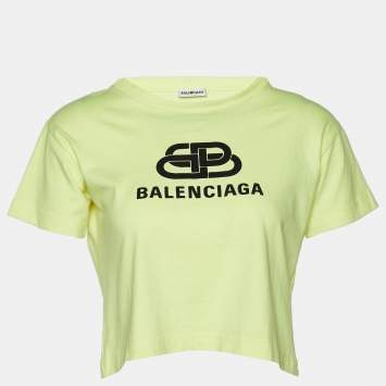 Pre Owned Balenciaga Neon Green Logo Printed Cotton Knit Crop Top M